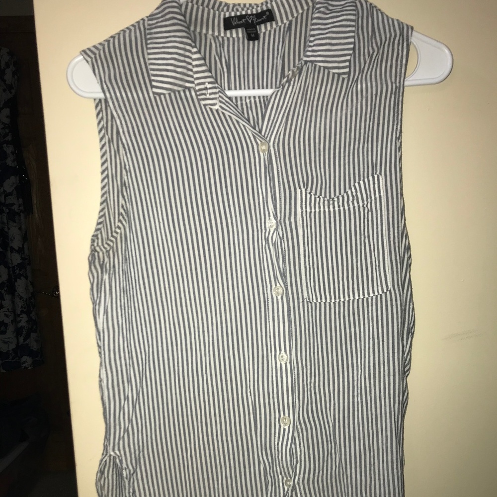 Navy blue and white vertical striped blouse